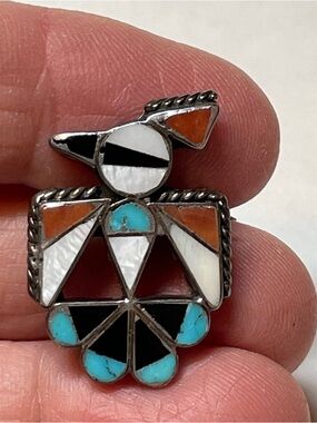 Vintage Old Zuni Native American Sterling Silver Inlay Thunderbird Pin Brooch
